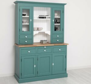 Landhausbuffetschrank mit Eiche-Platte in minttürkis und weiß