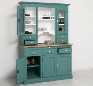 Landhausbuffetschrank mit Eiche-Platte in minttürkis und weiß