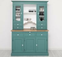 Landhausbuffetschrank mit Eiche-Platte in minttürkis und weiß