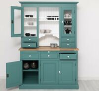 Landhausbuffetschrank mit Eiche-Platte in minttürkis und weiß