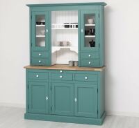 Landhausbuffetschrank mit Eiche-Platte in minttürkis und weiß