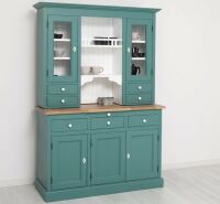 Landhausbuffetschrank mit Eiche-Platte in minttürkis und weiß