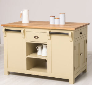 Freistehende Landhaus-Kücheninsel grünbeige mit Eichenplatte
