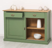 Schiebetüren-Sideboard in resedagrün mit Eichenplatte