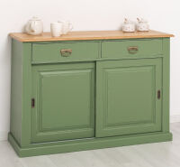 Schiebetüren-Sideboard in resedagrün mit Eichenplatte