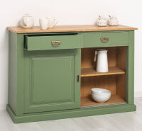 Schiebetüren-Sideboard in resedagrün mit Eichenplatte