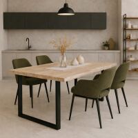 Essgruppe "Industrial Loft" 5-teilig Esstisch Baumkante  220x100 White Wash mit 4 Stühlen