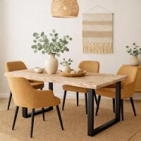 Essgruppe "Boho" 5-teilig Esstisch Baumkante  200x100 White Wash mit 4 Stühlen