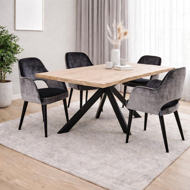 Esstisch Baumkante in Wildeiche White Washed - Spider Gestell 180 x 90 cm