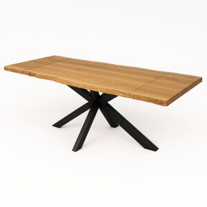 Wildeiche Tisch mit Baumkante und Ansteckplatten - Spider Gestell