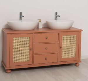 Doppel-Waschtisch Rattan Geflecht Türen ohne Becken in beigerot