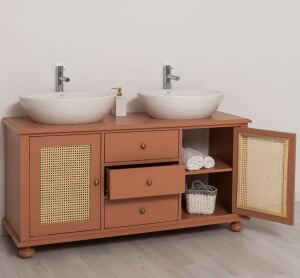 Doppel-Waschtisch Rattan Geflecht Türen ohne Becken in beigerot