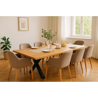 Baumkanten Esstisch mit Ansteckplatte und X-Gestell - Wildeiche geölt 160 x 90 cm mit 1 Ansteckplatte