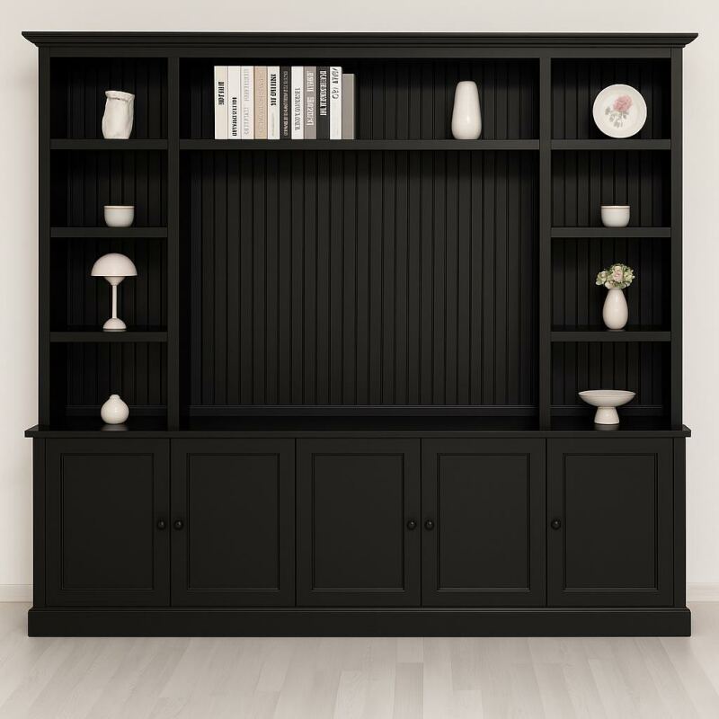 TV-Wohnwand mit Latten-Look in schwarz