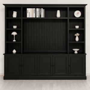 TV-Wohnwand mit Latten-Look in schwarz