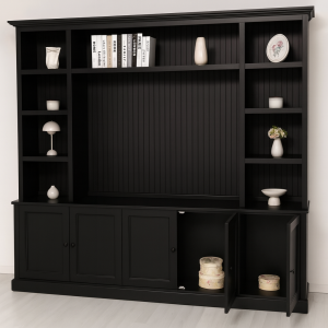 TV-Wohnwand mit Latten-Look in schwarz