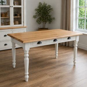 Landhausstil Esstisch weiß 140 cm, Eichenplatte...