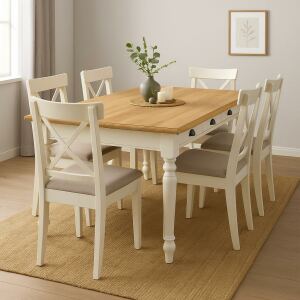 Landhausstil Esstisch weiß 140 cm, Eichenplatte hellbraun geölt