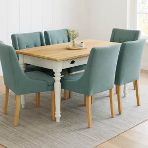 Landhausstil Esstisch weiß 140 cm, Eichenplatte hellbraun geölt