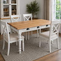 Landhausstil Esstisch weiß 140 cm, Eichenplatte hellbraun geölt