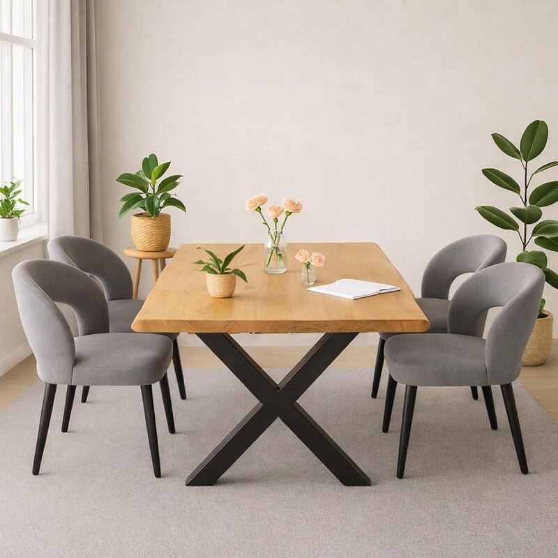 Essgruppe "Scandi" 5-teilig Esstisch Baumkante 160x90 Eiche mit 4 Stühlen