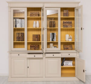 Landhaus Vitrinenschrank  mit Schubladen cremegrau +...