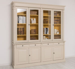 Landhaus Vitrinenschrank  mit Schubladen cremegrau + ockergelb
