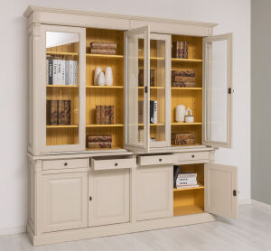 Landhaus Vitrinenschrank  mit Schubladen cremegrau + ockergelb