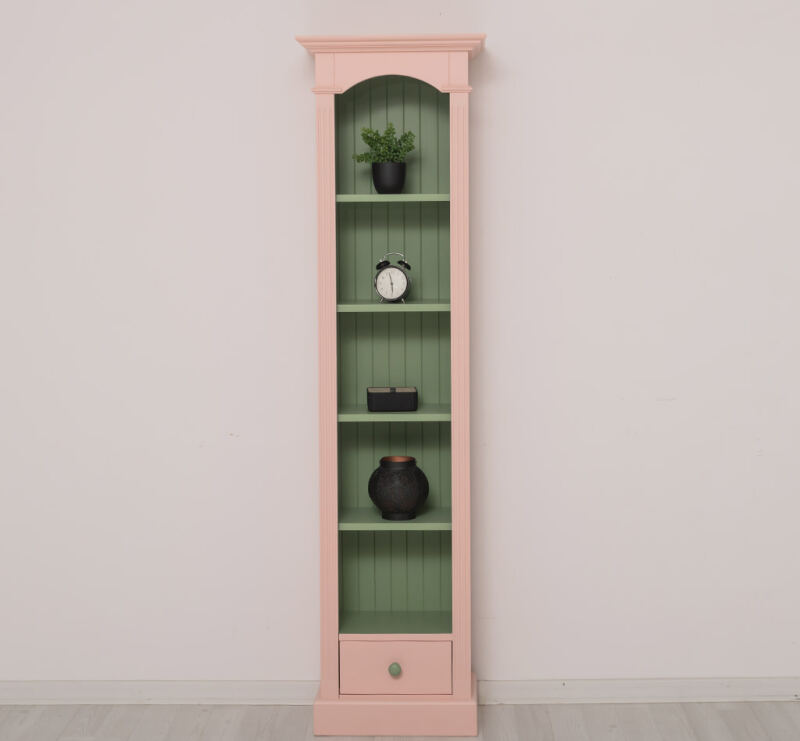 schmales Regal mit Schublade und Bogen pastellrosa + blassgrün