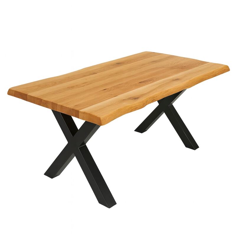 Massivholz-Esstisch Baumkante Wildeiche mit X Fuß 140x90 cm