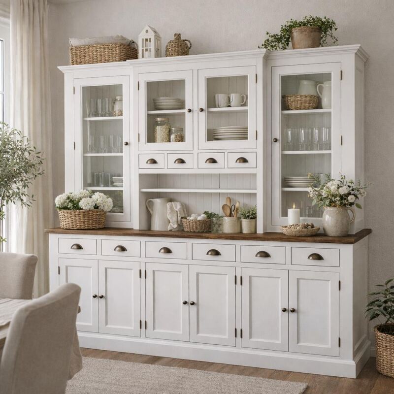 Buffetschrank im Landhausstil altweiÃŸ mit dimmbarer LED Beleuchtung