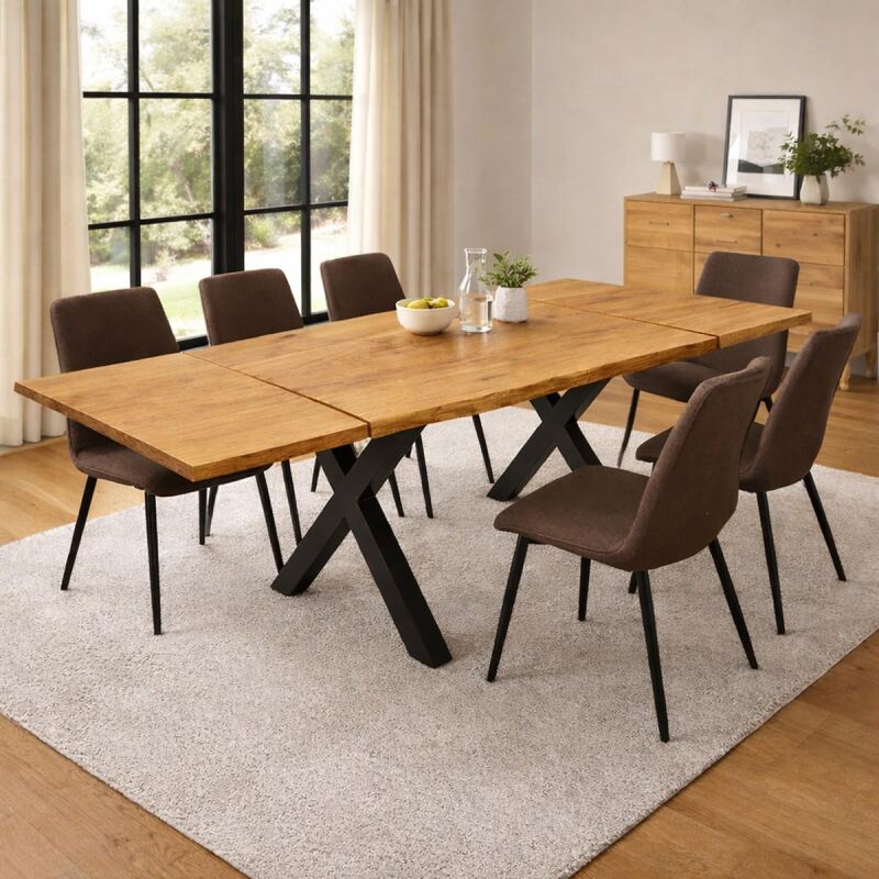 Baumkantentisch 180x90cm mit 2 Ansteckplatten Wildeiche mit X Fuß