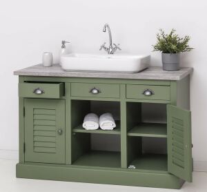 grüner Waschtisch im Landhausstil - Landhaus-Waschbeckenschrank in olivegrün mit Eiche-Platte