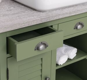 grüner Waschtisch im Landhausstil - Landhaus-Waschbeckenschrank in olivegrün mit Eiche-Platte