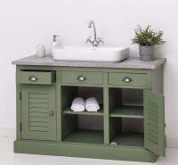 grüner Waschtisch im Landhausstil - Landhaus-Waschbeckenschrank in olivegrün mit Eiche-Platte