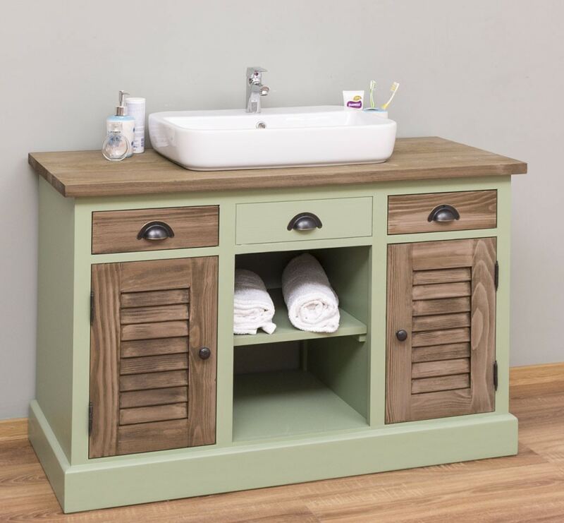 blassgrüner Waschtisch - Badschrank mit Lamellentüren grün und braun
