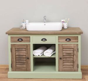 blassgrüner Waschtisch - Badschrank mit Lamellentüren grün und braun