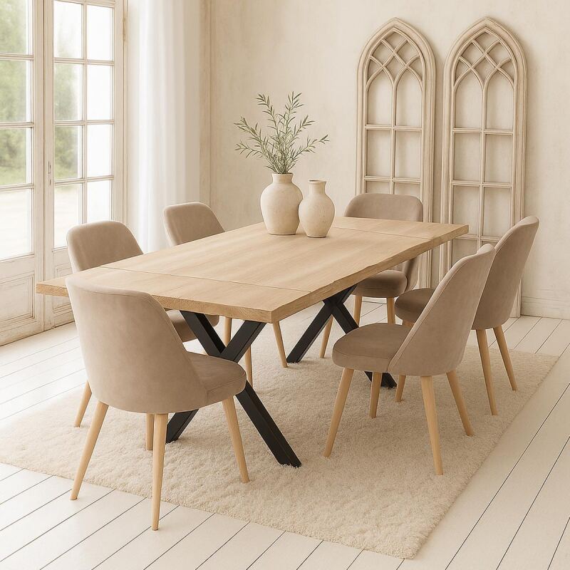 Wildeiche-Tisch 160x90cm White Wash mit 2 Ansteckplatten, X Fuß