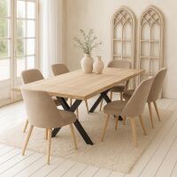 Wildeiche-Tisch 160x90cm White Wash mit 2 Ansteckplatten, X Fuß
