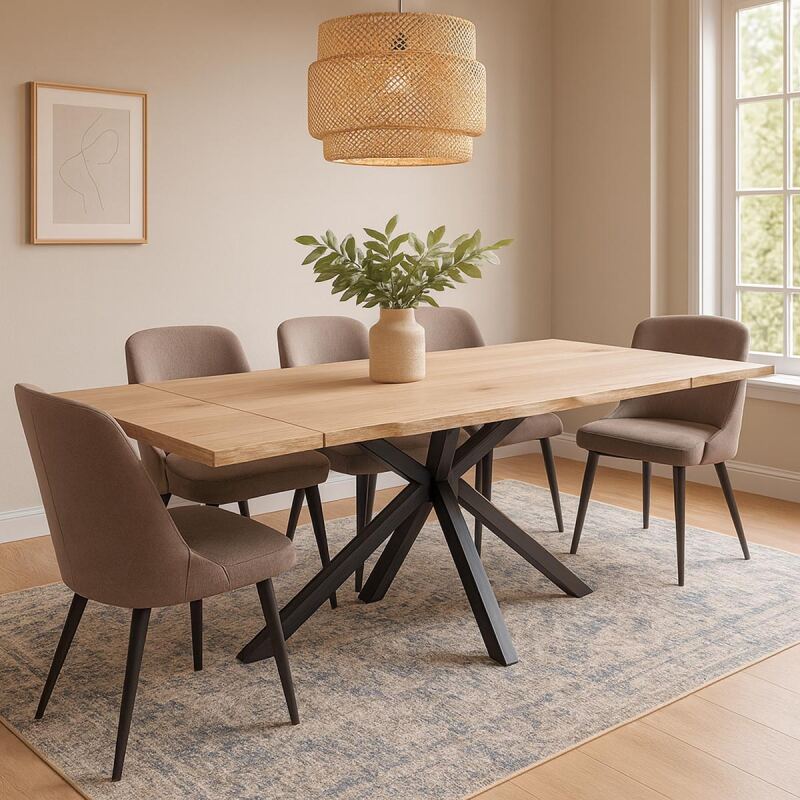 Esstisch Wildeiche White Wash 160x90cm Baumkante mit 2 Ansteckplatten, Spider-Fuß