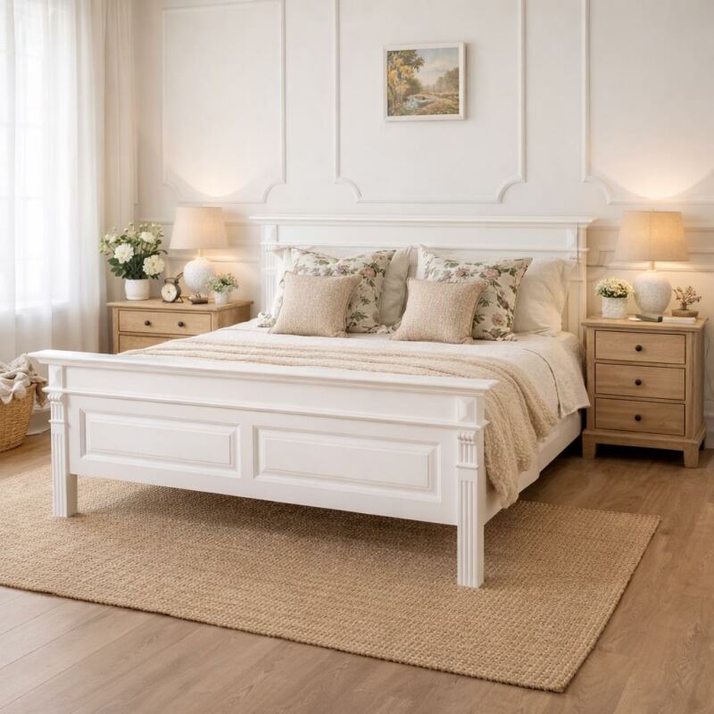 Massivholzbett (160x200cm) mit Ornamenten altweiß lackiert