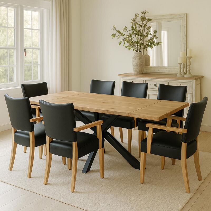 Esstisch Baumkante White Wash180x90cm mit 2 Ansteckplatten Wildeiche mit Spider-Fuß