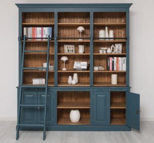 Bibiliotheksregal im Landhausstil - großes Bücherregal in nachtblau+braun gewachst
