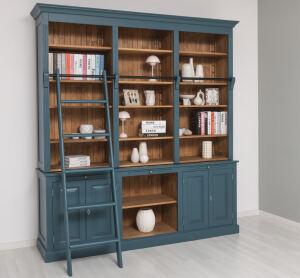 Bibiliotheksregal im Landhausstil - großes Bücherregal in nachtblau+braun gewachst