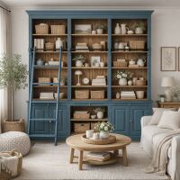 Bibiliotheksregal im Landhausstil - großes Bücherregal in nachtblau+braun gewachst