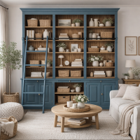 Bibiliotheksregal im Landhausstil - großes Bücherregal in nachtblau+braun gewachst