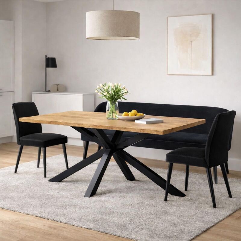 Esstisch mit Metallfuß Stern 180x90cm Wildeiche geölt - gerade Kante
