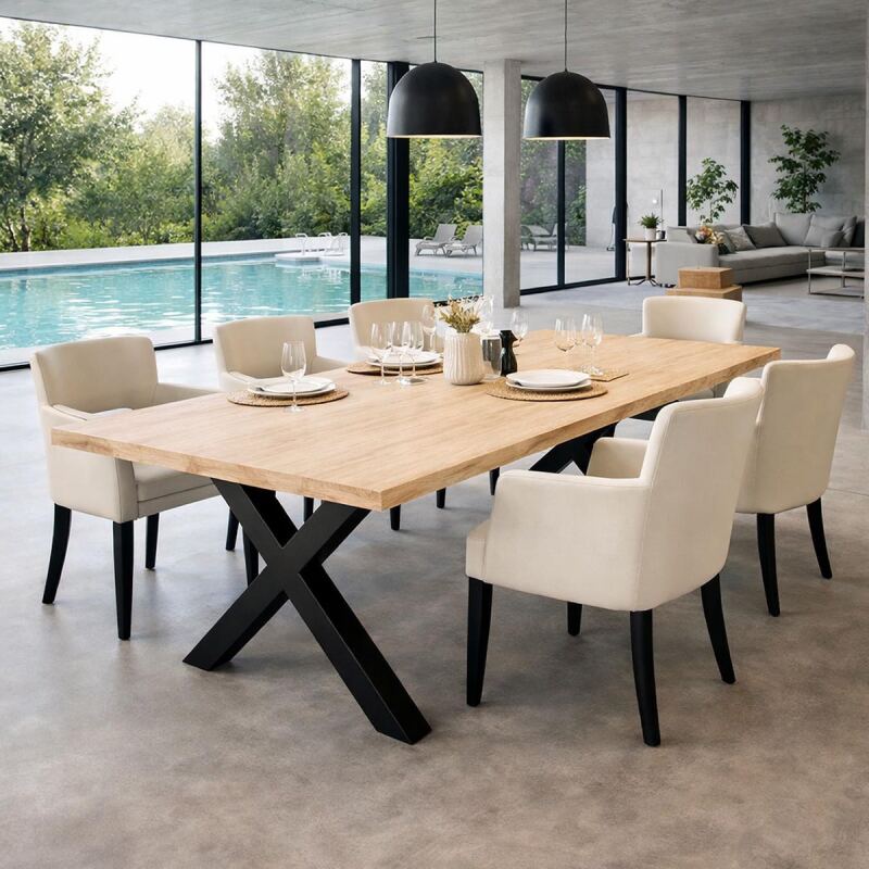 Massivholztisch Wildeiche 200x100cm White Washed, X-Gestell - gerade Kante