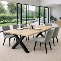Familien-Esstisch Wildeiche 220x100cm White Washed, X-Gestell - gerade Kante