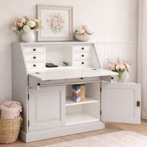romantischer Sekretär - Landhausstil Schreibtisch in cremegrau + weiß